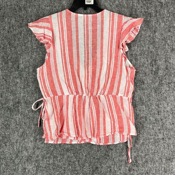 Old Navy Shirt Womens Large Red Wrap Chambray Basic Cotton Linen Striped Cropped - Picture 2 of 12